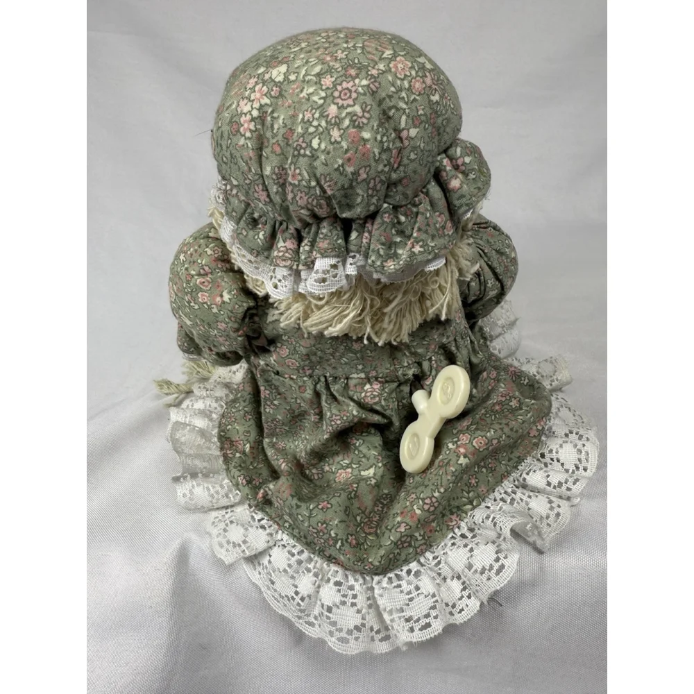 Vintage Mop Doll Shelf Sitter Yarn Porcelain Head WINDS UP PLAYS MUSIC Unique
